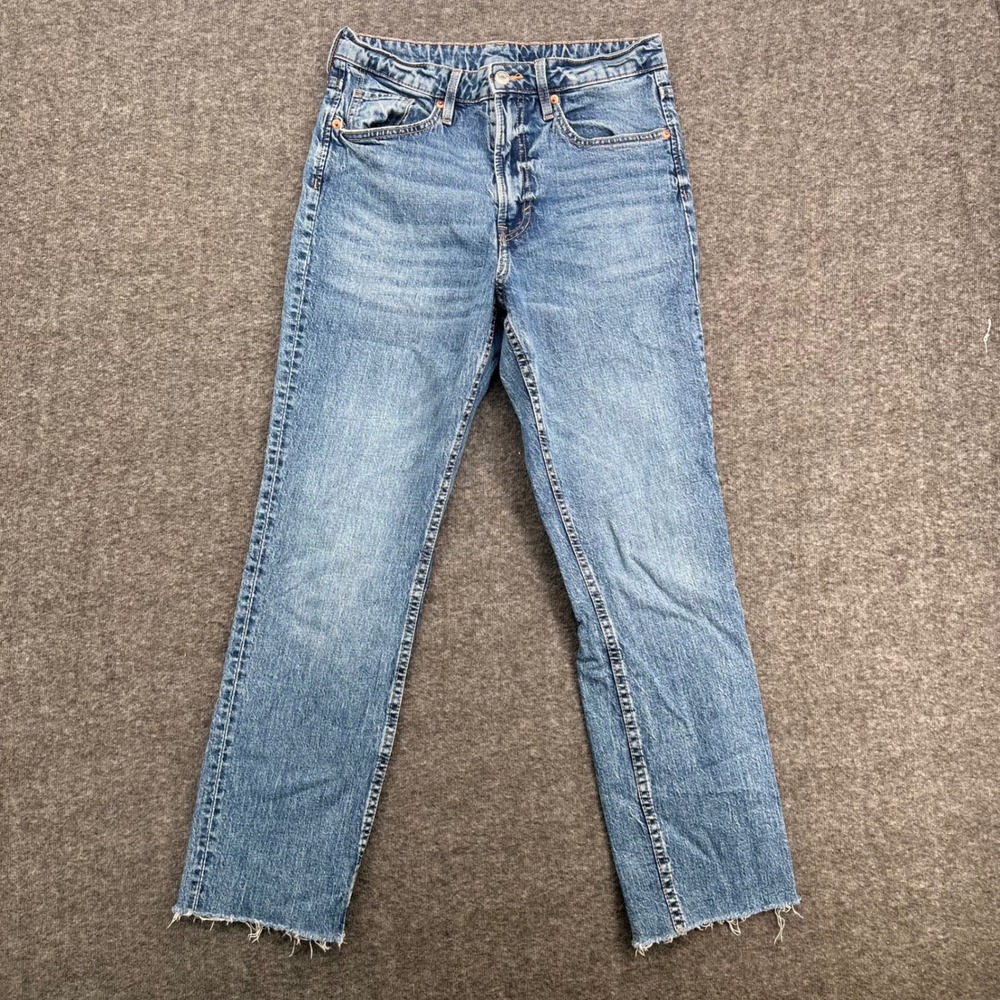 H&M &DENIM Womens Slim Straight High Waist‎ Jeans Medium Wash Raw Hem Size 8